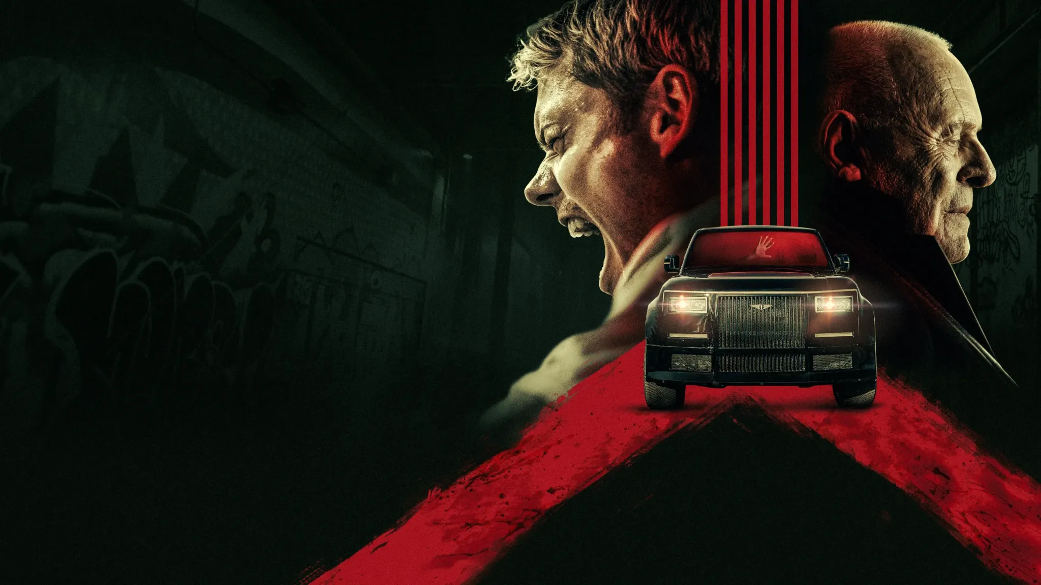 Bill Skarsgård y Anthony Hopkins enfrentados junto al coche de Blindado