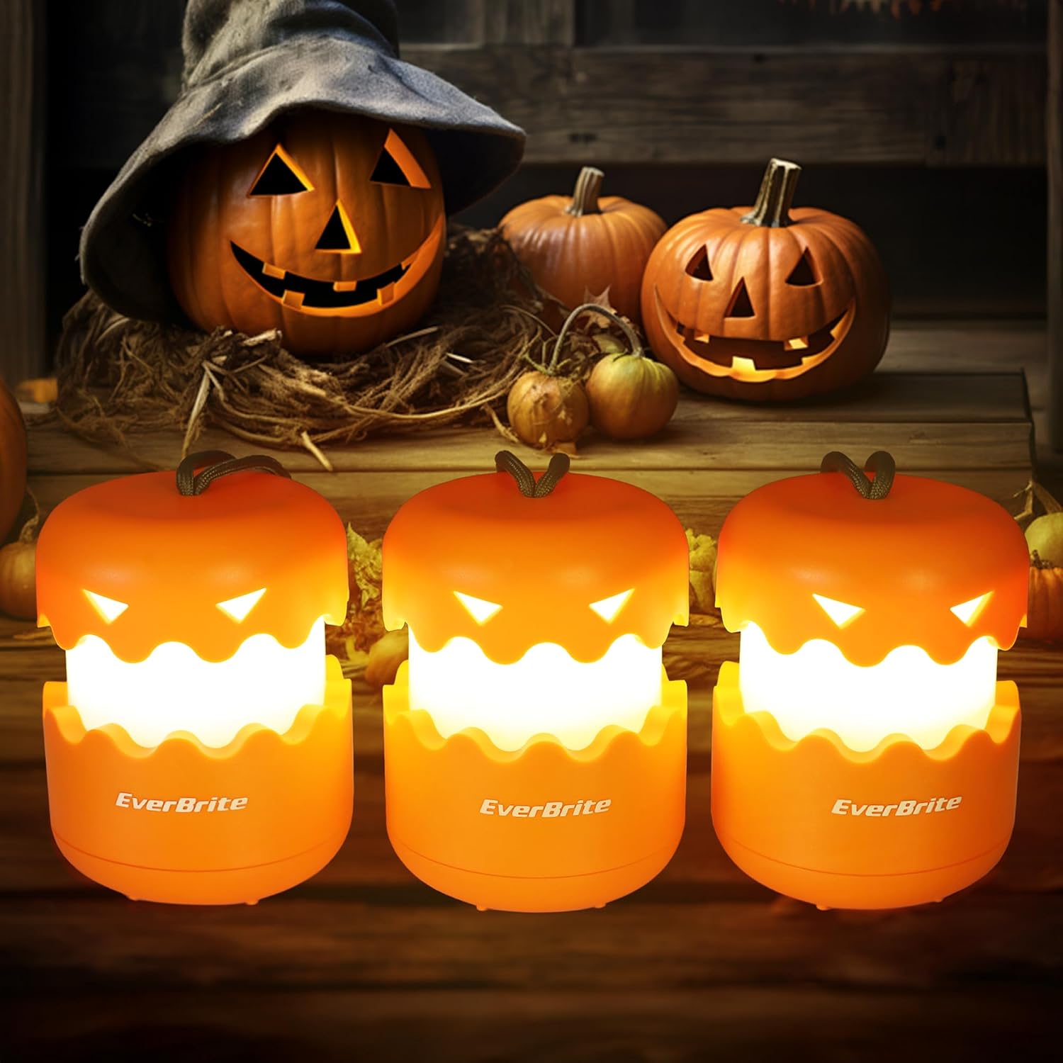 Juego de tres faroles luminosos de calabaza EverBrite para Halloween