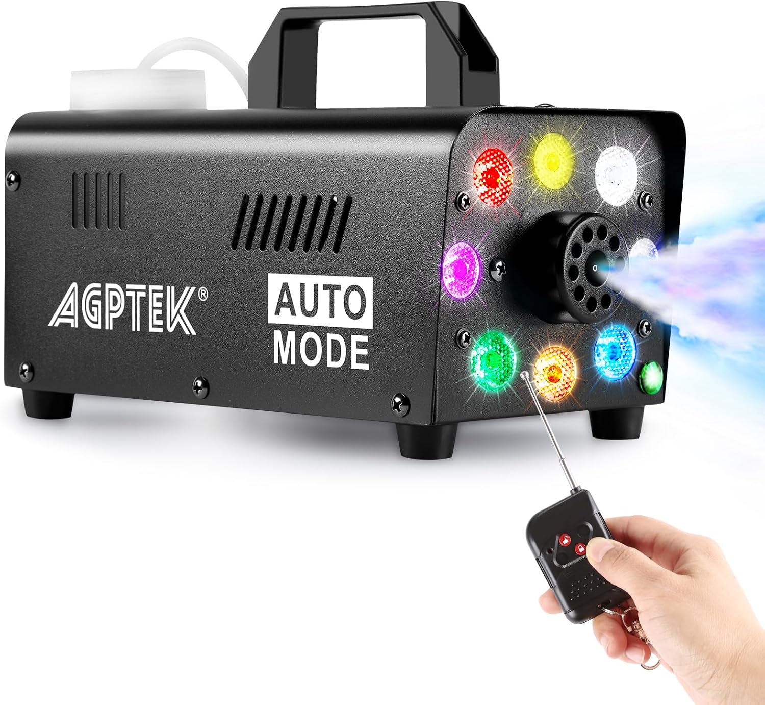 Máquina de humo AGPTEK con ocho luces LED multicolor y mando inalámbrico
