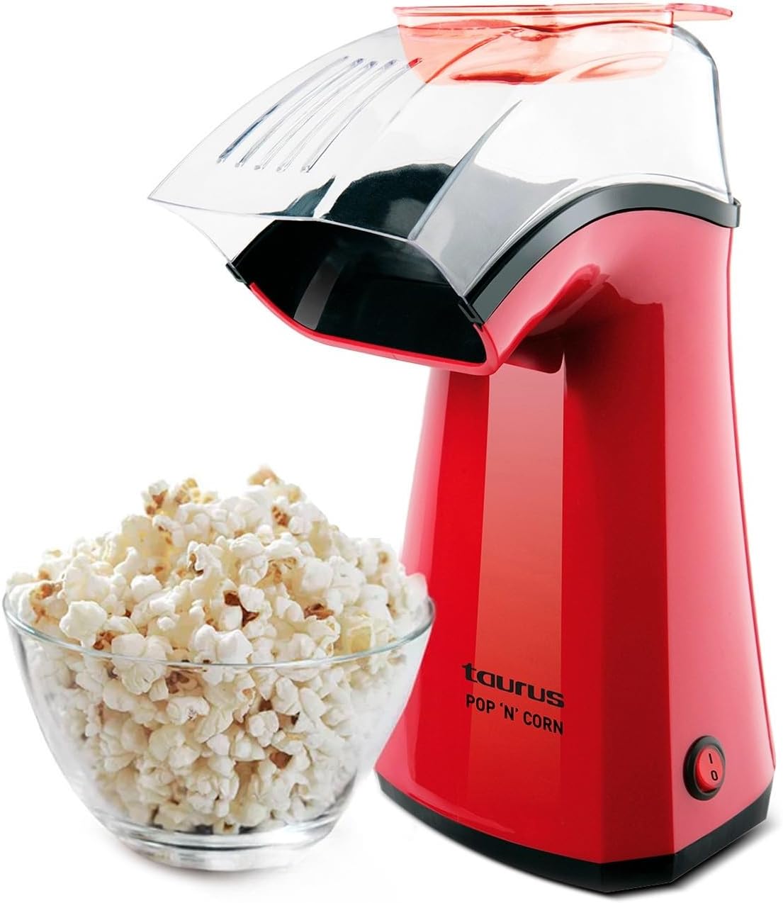 Palomitero rojo Taurus Pop'N'Corn junto a un cuenco de palomitas