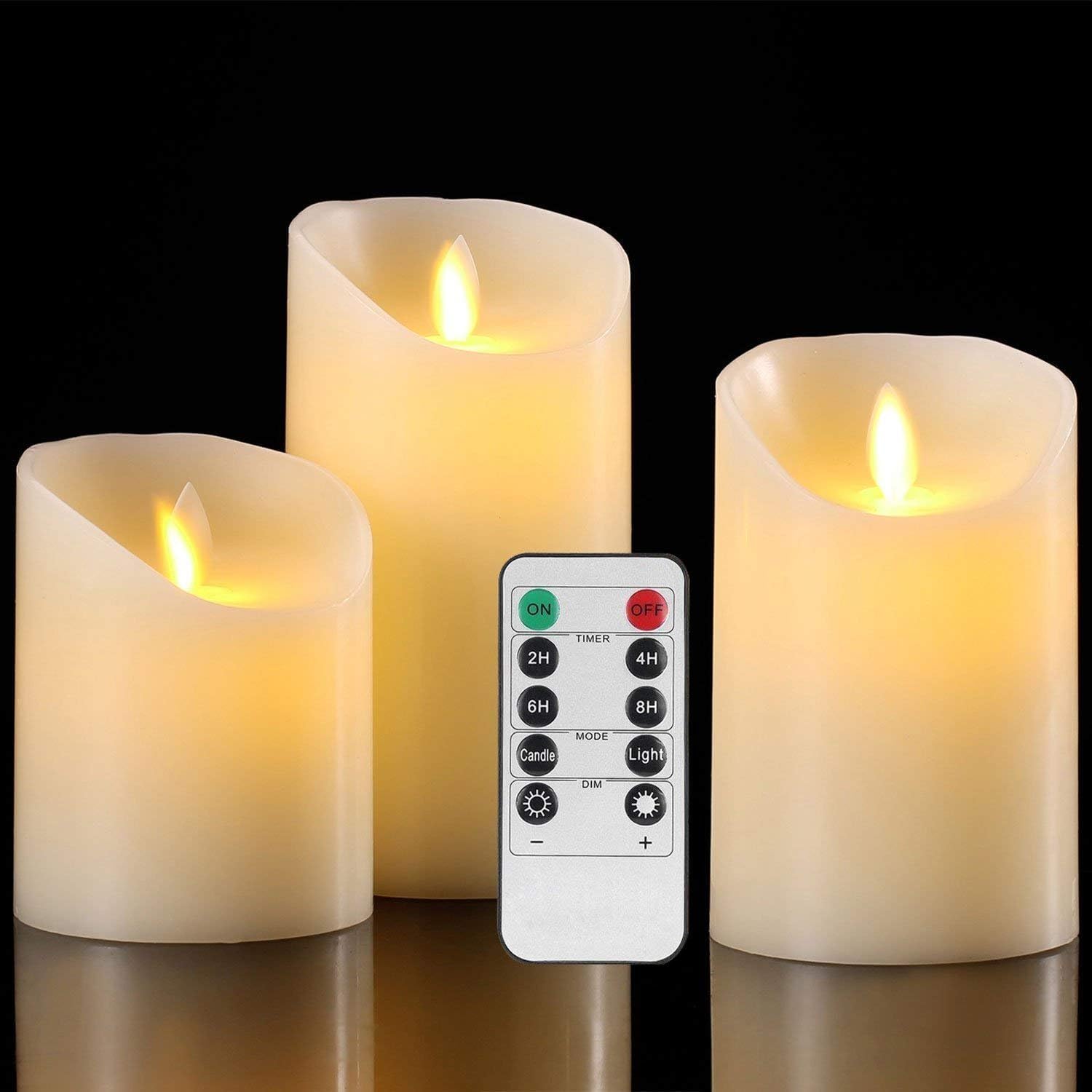 Tres velas LED color marfil de cera real con mando a distancia